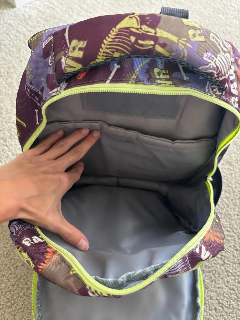 Kids' Purple Dinosaur Backpack with Lime Trim